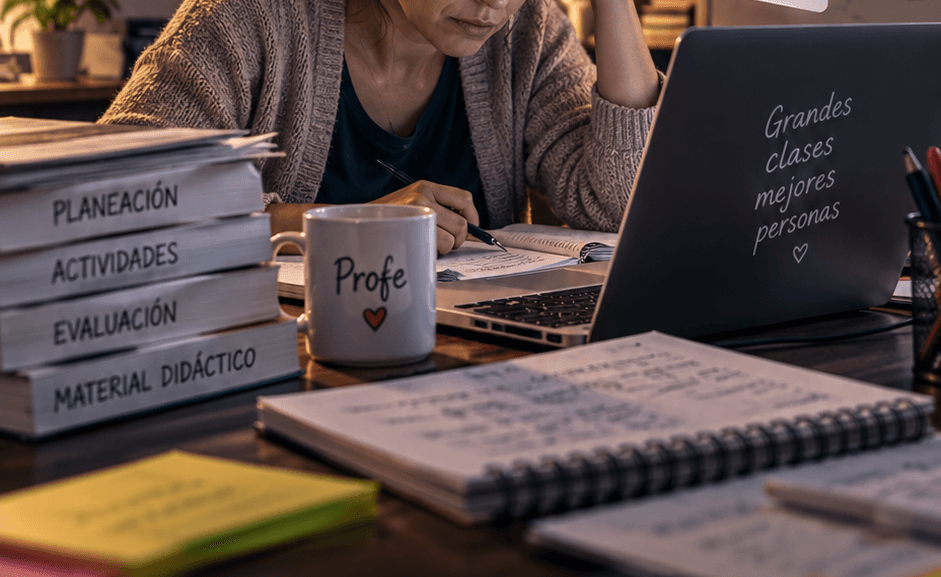 Una docente agotada frente a su computador, rodeada de pilas de planeaciones, actividades, evaluaciones y material didáctico.